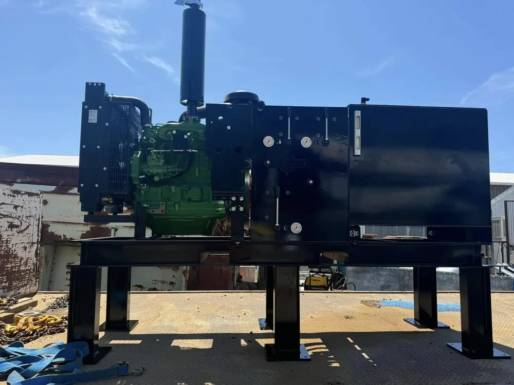 Skid-mounted hydraulic power unit with diesel engine assembled by Ryan Mason Engineering