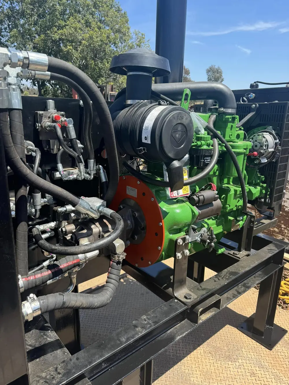 Custom-built hydraulic power unit assembled by Ryan Mason Engineering on a skid frame in Warren NSW